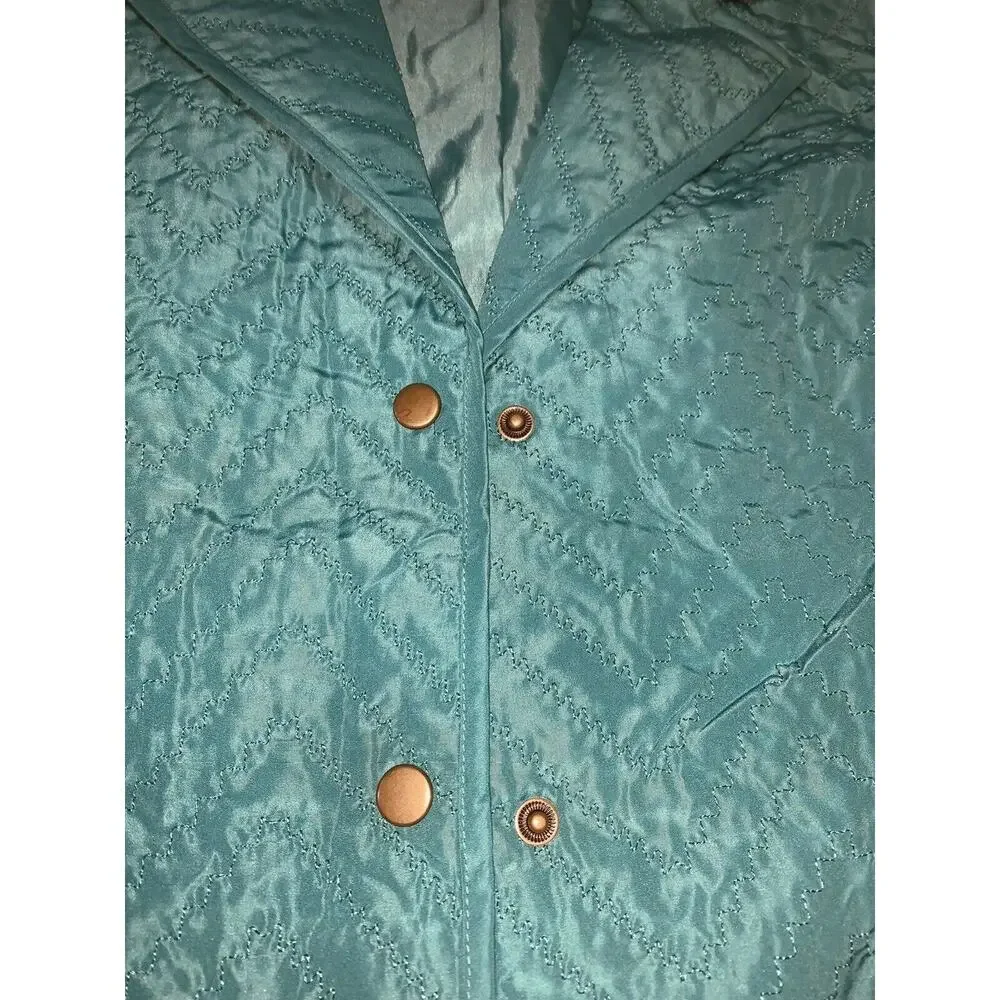 XL Requirements Green Quilted Lined Jacket Blazer Brass Snaps Faux Pockets EUC